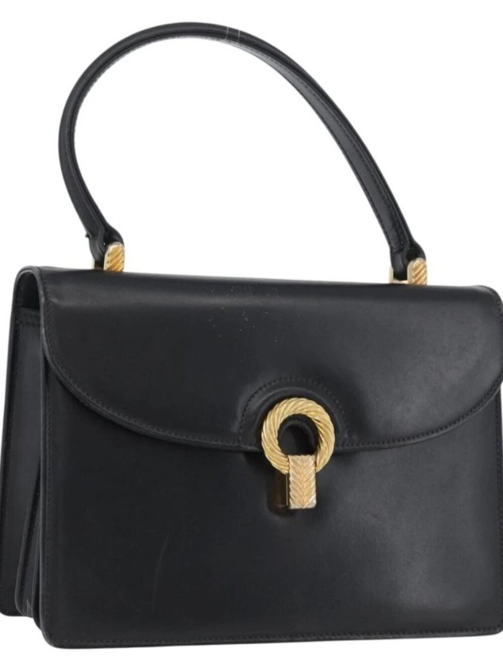 GUCCI Hand Bag Leather Black Gold Auth ARZ052